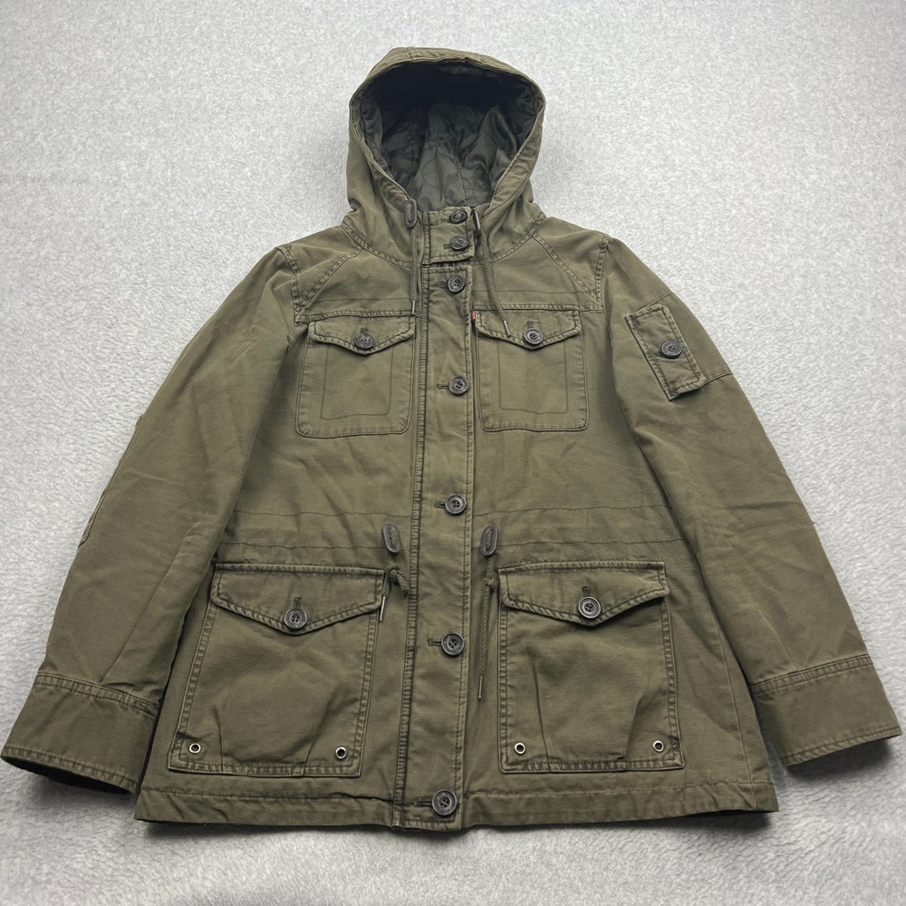 Levi's Hooded Anorak Jacket Womens Medium Olive Green Button Utility Field Coat
